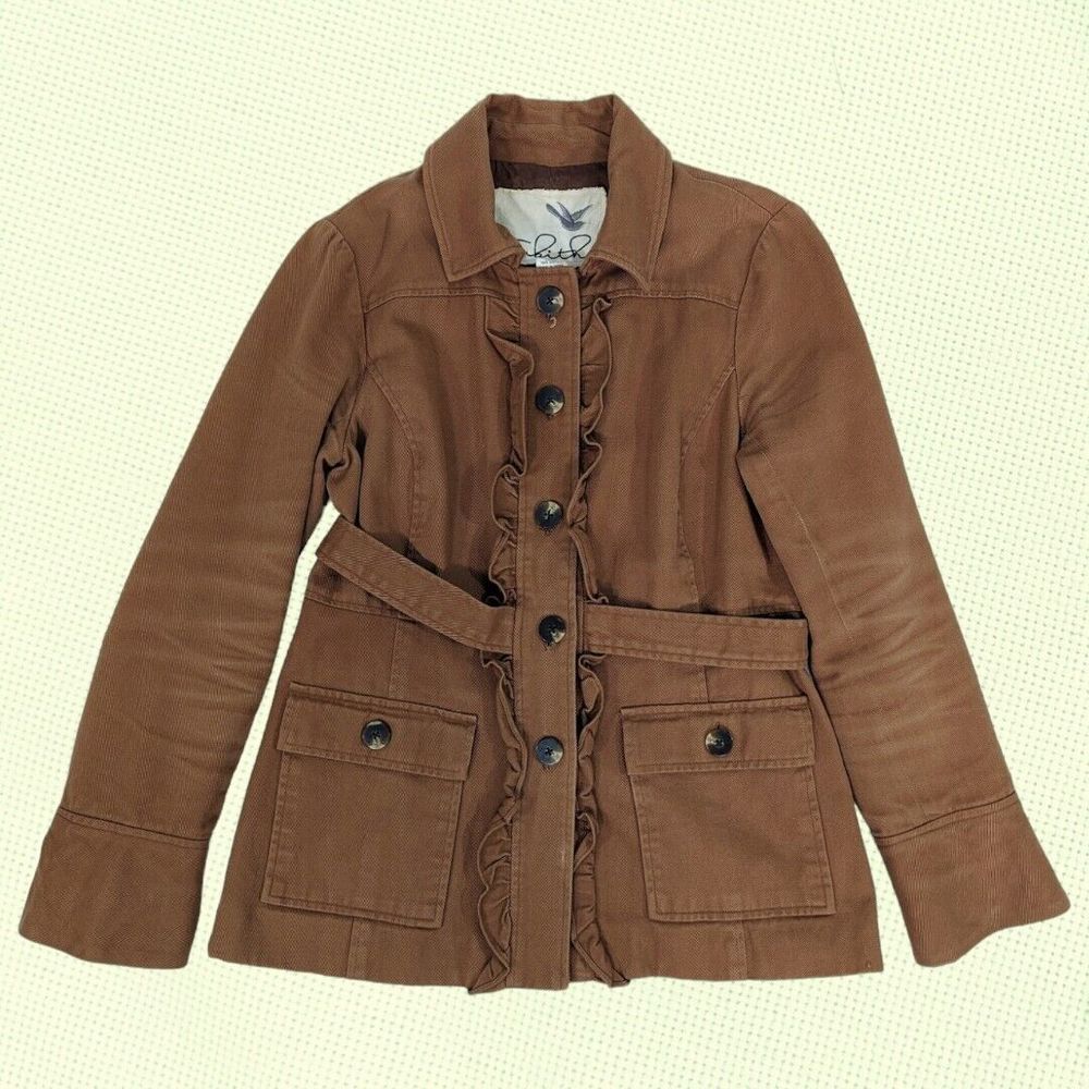 Tabitha Anthropologie Brown Ruffle Utility Jacket Belted Cotton Twill Size 8 - Picture 3 of 6